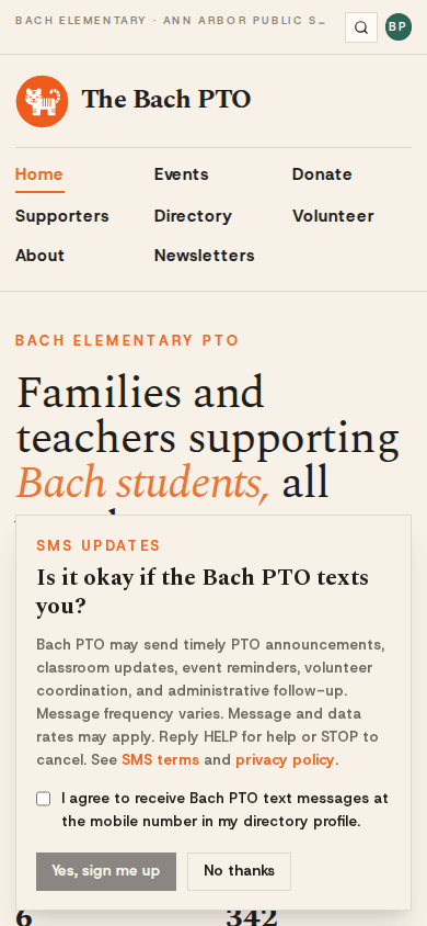 Mobile screenshot of the signed-in Bach PTO SMS updates popup opt-in prompt on the homepage.