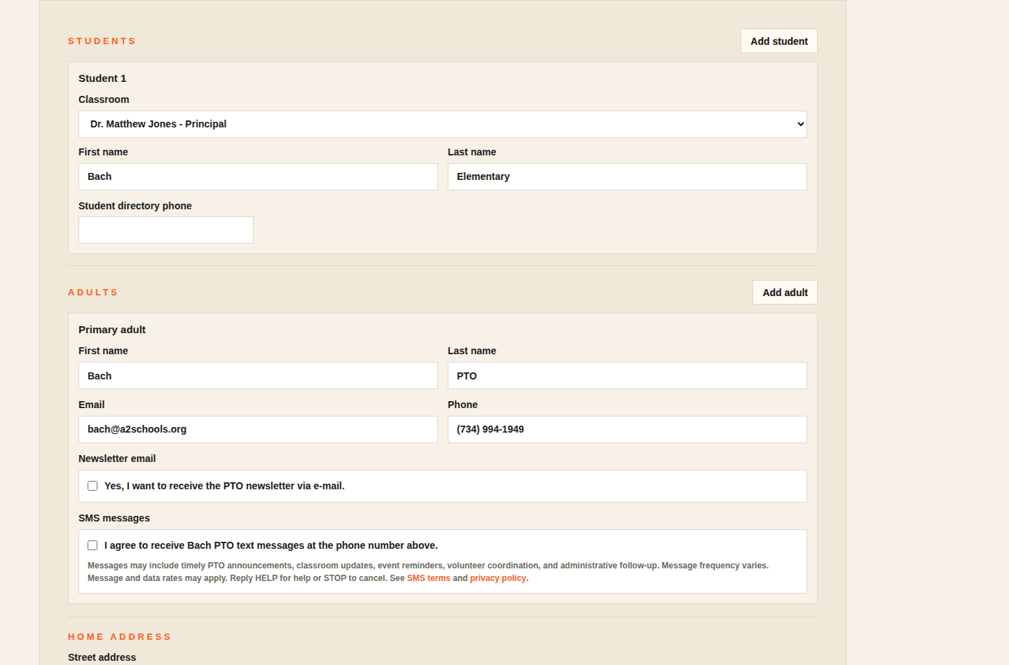 Desktop screenshot of the signed-in Bach PTO directory profile SMS opt-in controls.