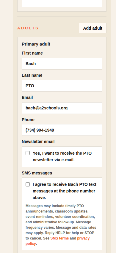 Mobile screenshot of the signed-in Bach PTO directory profile SMS opt-in controls.